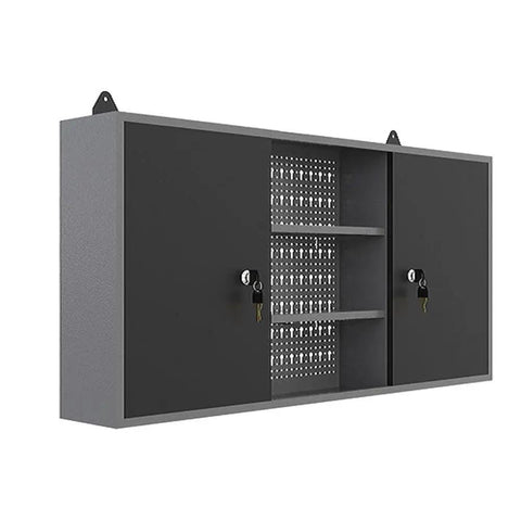 Rugged Metal Wall Cabinet With Two Lockable Doors For Garage Tool Storage In Black And Grey Pegboard Interior And Detachable Shelves