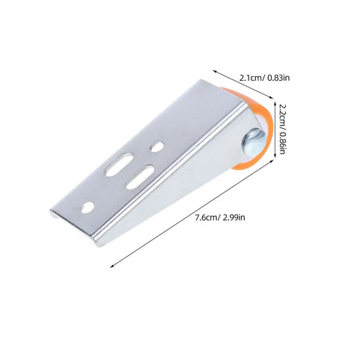 Heavy Duty 2 Pack Sliding Door Rollers For Wood Barn Tracks And Closet Cabinets With Nylon Wheels And Reinforced Steel Brackets close-up showing silver bracket with orange wheel.