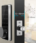 Heavy Duty Smart Door Lock With Smooth Touch Screen Keypad and Plug And Play Keyless Entry Kit showing dimensions 32-48mm for installation.