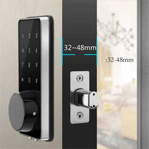 Heavy Duty Smart Door Lock With Smooth Touch Screen Keypad and Plug And Play Keyless Entry Kit showing dimensions 32-48mm for installation.