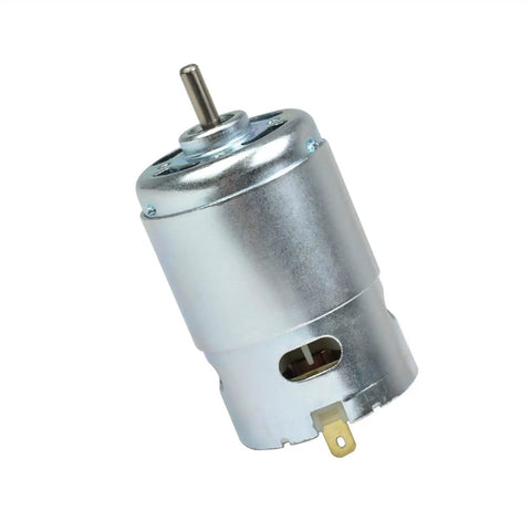 Smooth Riding DC Motor 775 Upgrade Kit Featuring Dual Ball Bearings That Kick Some Serious Torque At 12000 RPM side view showing motor design and shaft.