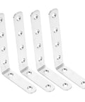 4 Pack Heavy Duty Right Angle Shelf Brackets Outside Corner Wall Mounts Built To Lift Serious Weight Steel L Brackets With No Sweat Setup For Any Diy Rack Or Shop Storage Silver, angled view showing four steel brackets.