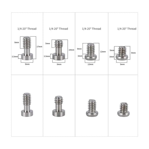 Straight Up Photography Essentials Solid Camera Screw Set with Heavy Duty 1/4 Inch 20 Thread screws displayed in various sizes.