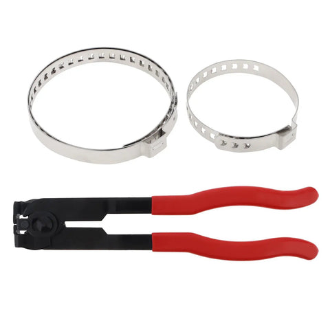 CV Boot Clamp Pliers Kit With 10 Stainless Steel Crimp Bands, Adjustable Small And Large Universal Drive Shaft Boot Clamps visible.