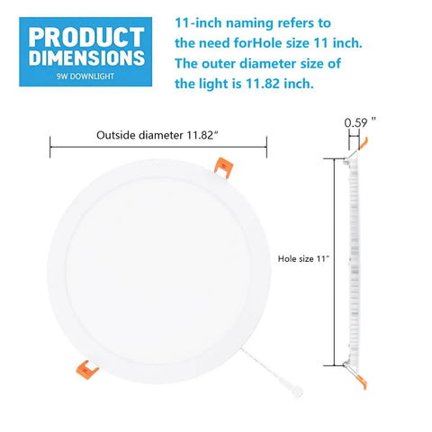 Slim 11 Inch Ultra Thin LED Recessed Light Kit With Junction Box 6000K Daylight 24W 110V Non Dimmable dimensions chart