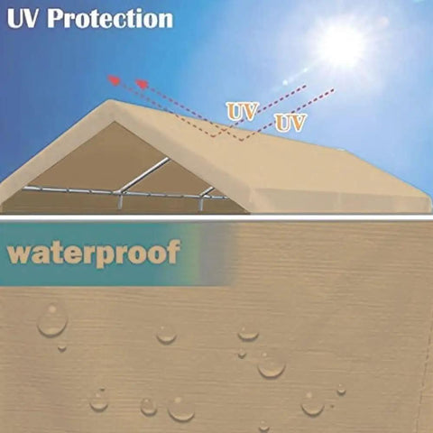 Diagram showing UV protection and waterproof features of 10x20 Beige Carport Replacement Top Cover For Outdoor Shelter Waterproof And UV Protected Tarp With Ball Bungees Fits 10x20 Carport Frame Not Included Heavy Duty Roof Cover.