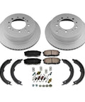 Heavy Duty Rear Disc Brake Pads And Rotors Kit With Ceramic Coated Steel Springs Fits Lexus LX570 Toyota Tundra Sequoia Land Cruiser 2008 To 2019 Vented Rotor Set For Serious Stopping Power, rear kit parts laid out