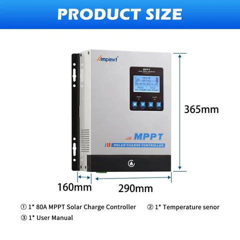 80 Amp MPPT Solar Charge Controller For 12V 24V 48V Systems with dimensions 365mm x 290mm x 160mm