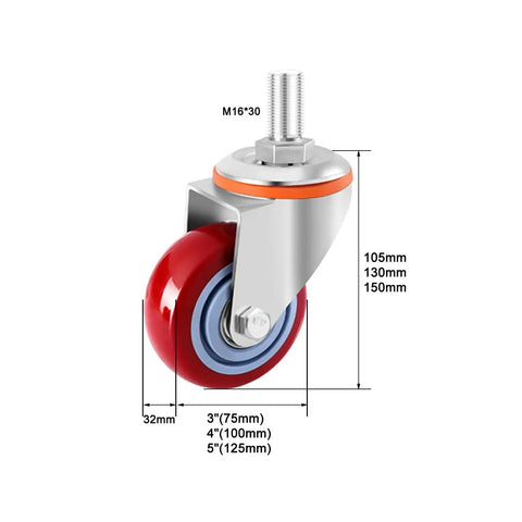 Heavy Duty Swivel Caster Wheels With Top Plate for carts, workbenches, and furniture, size and dimensions shown, red wheel