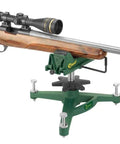 Ambidextrous Front Rifle Rest With Adjustable Height For Range Time Sight In And Stable Shooting, Durable Cast Aluminum Base With Smooth Steel Center Post For Non Destructive, Confident Firearm Setup shown with rifle mounted.