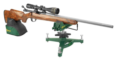 Ambidextrous Front Rifle Rest With Adjustable Height For Range Time Sight In And Stable Shooting, Durable Cast Aluminum Base With Smooth Steel Center Post For Non Destructive, Confident Firearm Setup shown with rifle mounted.