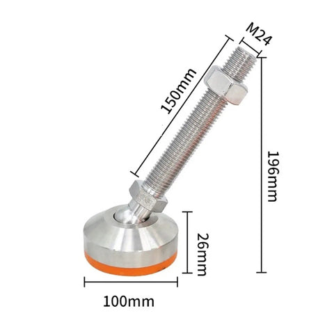 Rock Solid 304 Stainless Steel Adjustable Leveling Feet With 360 Degree Swivel Base And Thick Yellow Rubber Shock Padding For Furniture Machinery Equipment Heavy Duty Wobble Free M24 X 150 Millimeter Legs 4 Pack, showing dimensions.