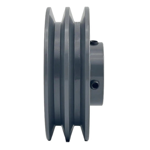 Side view of Double Groove V Belt Pulley 4.45 Inch Outer Diameter 7/8 Inch Bore Cast Iron For A AX 3L 4L V Belts With Standard Keyseat 3/16x3/32 And Two Screws For Heavy Duty Applications And Long Life.