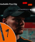 Man wearing cap equipped with Ultra Compact Led Pen Light With Clip Five Pack Mini Flashlights For Quick Inspections Three Modes