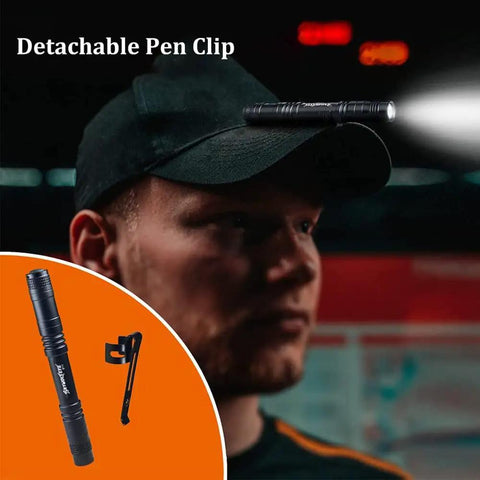 Man wearing cap equipped with Ultra Compact Led Pen Light With Clip Five Pack Mini Flashlights For Quick Inspections Three Modes