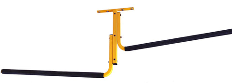 Yellow Kayak Ceiling Rack And Under Deck Garage Hanger For Two Kayaks And SUPs Adjustable Arm Storage Solution To Free Up Floor Space Easy Mount High Weight Capacity Keeps Water Gear Ready To Grab depicting yellow adjustable arms for ceiling mount.