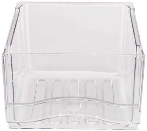 Front view of Genuine OEM Clear Crisper Drawer Replacement for refrigerators, fits GE models, size 21x18x12 inches.