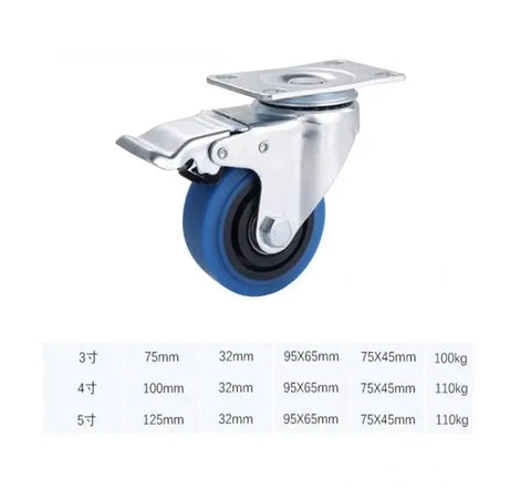 4 Inch Blue Swivel Caster Wheel With Brake For Medium Duty Industrial Carts 360 Degree Swivel Go To Brake Lock
