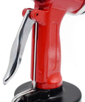 Air Powered Hydraulic Pop Rivet Gun Kit For Auto Body And Metalwork, Pro Grade Pneumatic Rivet Tool With Durable Stainless Steel And Aluminum Build, Easy Grip Trigger, Smooth Riveting For Fast, Heavy Duty Results, red body and metal trigger close-up