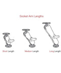 Diagram showing short, medium, and long socket arm lengths for Motorcycle Handlebar Clamp Base With M8 Bolts And A 1 Inch Ball Mount.