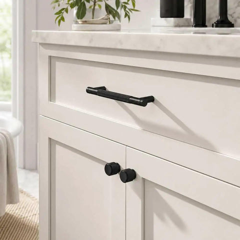 Grab These Totally Solid 24 Pack Aluminum Cabinet Knobs And Drawer Pulls Super Durable Black Hardware For Kitchen Cupboards And Dressers Brushed Brass Vibe Included on a white kitchen cabinet drawer.