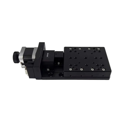 Motorized Linear Stage Built Right For Dead Nuts Precise Translation Platform with black aluminum housing and stepper motor.