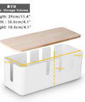 Cable Management Box With Wood Lid For Desk TV And Computer Cords Keep Power Strips And Cables Hidden Neat And Safe Fits Power Strips Under Eleven Point Four Inches Long By Four Point One Inches Wide For Easy Cable Organization. White box with removable wood lid and size annotations.