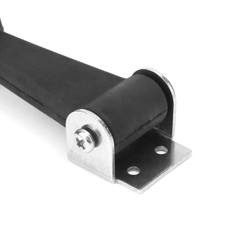 Close-up of flexible rubber hood catch with T handle draw latch system for tool cabinets and engine bays, stainless steel bracket visible.