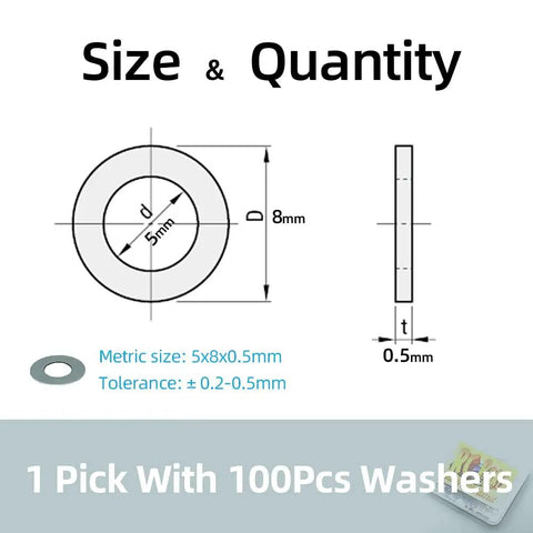 Top Shelf PTFE Coated Nylon Washers 5X8X0 5Mm Set Of One Hundred Pieces For Traxxas Rc Cars size diagram with measurements.