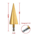 Premium Titanium Step Drill Bit Set For Metal Wood And Plastic Jobs With Hex Shank Design And Multiple Hole Sizes That Make A Perfect Addition To Any Toolbox For Tough Drilling Projects. Gold hex step drill bit 4-32mm, 102mm long, 6.35mm shank