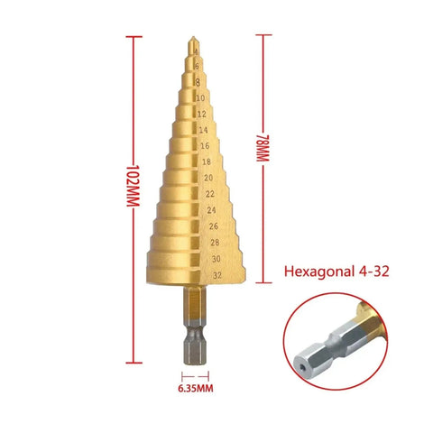Premium Titanium Step Drill Bit Set For Metal Wood And Plastic Jobs With Hex Shank Design And Multiple Hole Sizes That Make A Perfect Addition To Any Toolbox For Tough Drilling Projects. Gold hex step drill bit 4-32mm, 102mm long, 6.35mm shank