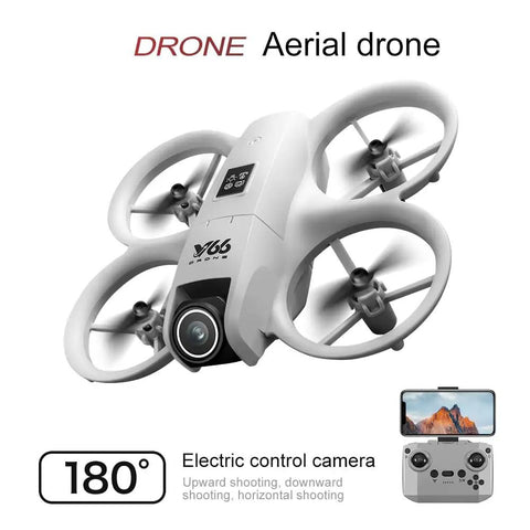 Palm Sized FPV Drone With Dual Cameras For Beginners, showing 180° control camera and remote, design with propeller guards, easy one key takeoff.