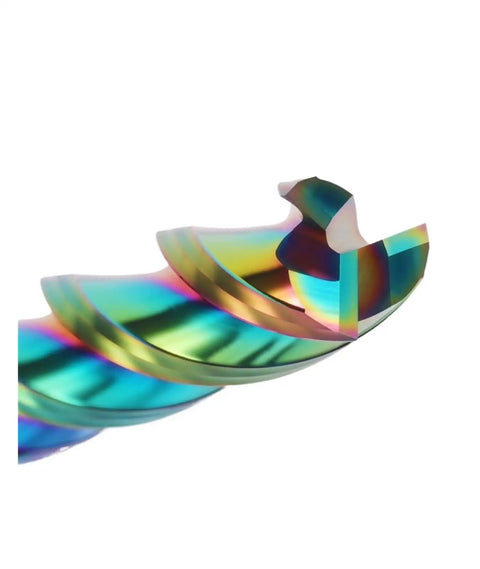 Premium 3Flute End Mill Set From HighSpeed Steel slices aluminum, wood, and plastic with a colorful spiral design.