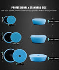 Image showing blue foam polishing pads of various sizes and thicknesses included in the All In One Drill Polishing Kit with 24 Mixed Foam and Wool Buffing Pads 3 Backing Pads and 2 Adapters 5/8-11 Thread for Car Polishing Waxing and Sealing Gloss Delivers Smooth Showroom Worthy Finishes On All Paints At Home.