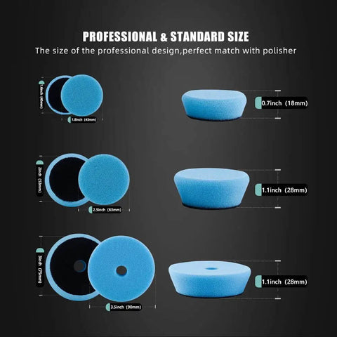 Image showing blue foam polishing pads of various sizes and thicknesses included in the All In One Drill Polishing Kit with 24 Mixed Foam and Wool Buffing Pads 3 Backing Pads and 2 Adapters 5/8-11 Thread for Car Polishing Waxing and Sealing Gloss Delivers Smooth Showroom Worthy Finishes On All Paints At Home.