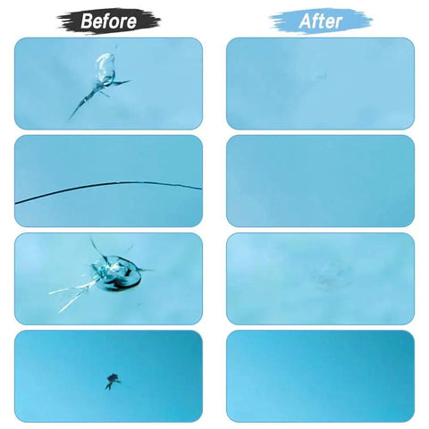 Windshield Repair Kit For Chips And Cracks Up To 12 Inch With Glass Repair Fluid Quick Fix for various crack types before and after.