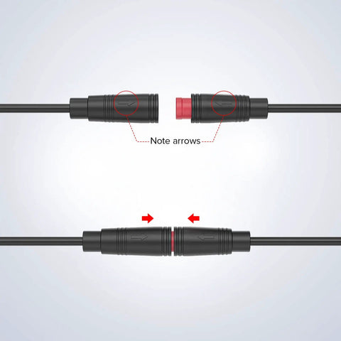 2 Pin IP65 Electrical Connector Extension Cable Set For Ebike Kits 26AWG Wire showing push in mating connection with arrows