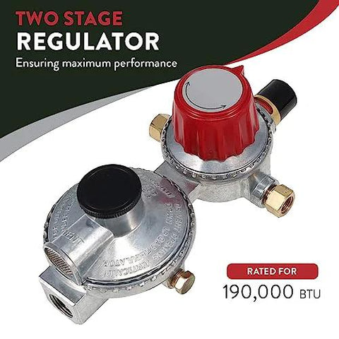 Front view of GasOne two-stage auto-changeover propane regulators with two 12-inch pigtails for RV use.