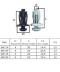 21 Piece Petal Shape Rivet Nuts Kit With Phillips Drive Heavy Duty Metal Nut Anchors For Strong Hold Expansion Design For Easy Install DIY Friendly For Automotive, Furniture, And Home Improvement Projects. M4-M6 size chart with black and silver petal rivet nuts.