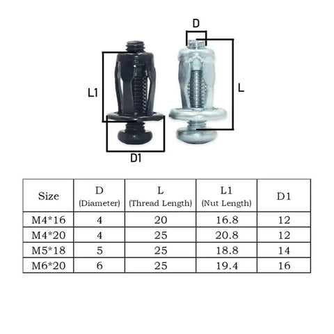 21 Piece Petal Shape Rivet Nuts Kit With Phillips Drive Heavy Duty Metal Nut Anchors For Strong Hold Expansion Design For Easy Install DIY Friendly For Automotive, Furniture, And Home Improvement Projects. M4-M6 size chart with black and silver petal rivet nuts.