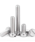 Rock Solid 304 Stainless Steel Slotted Cheese Head Machine Screws M3 M4 M5 M6 arranged together in various sizes.