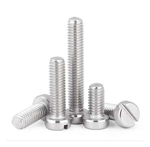 Rock Solid 304 Stainless Steel Slotted Cheese Head Machine Screws M3 M4 M5 M6 arranged together in various sizes.