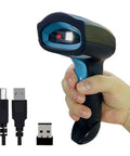 Hassle Free Wireless Bluetooth Barcode Scanner Cordless 1D 2D QR Code Reader Plug And Play USB Link shown in hand with USB cables.