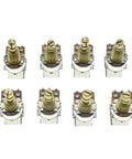 Eight Brass 16mm Shaft Push Push Guitar Potentiometers A500K With American Thread Shafts lined up, audio linear taper pots