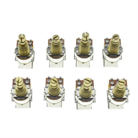 Eight Brass 16mm Shaft Push Push Guitar Potentiometers A500K With American Thread Shafts lined up, audio linear taper pots