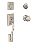 Addison Single Cylinder Handleset with Georgian Knob, Satin Nickel finish for traditional front doors, adjustable throughbolt.