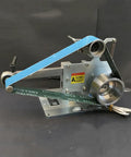 Heavy Duty 750W Brushless Belt Grinder with blue belt, metal frame, designed for precision sanding and polishing in garages.