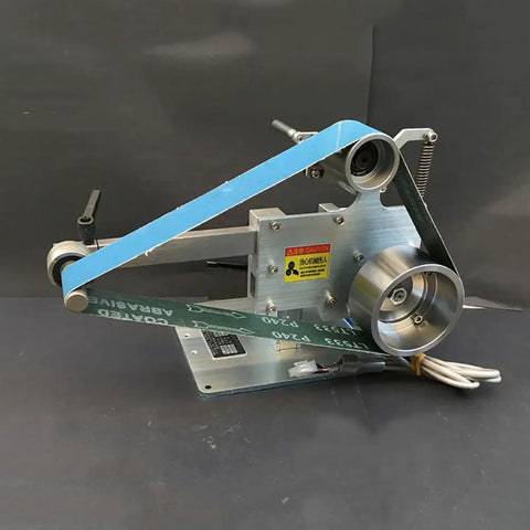 Heavy Duty 750W Brushless Belt Grinder with blue belt, metal frame, designed for precision sanding and polishing in garages.