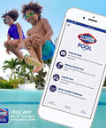 Swimsuit Ready 3 Way Water Test Kit For Swimming Pool Checks Bromine Chlorine And Ph Levels Instantly showing kids jumping into pool with Clorox Pool app on phone.