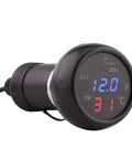 Close-up front view of a black 3-in-1 car voltmeter display, blue voltage readout and red temperature readout